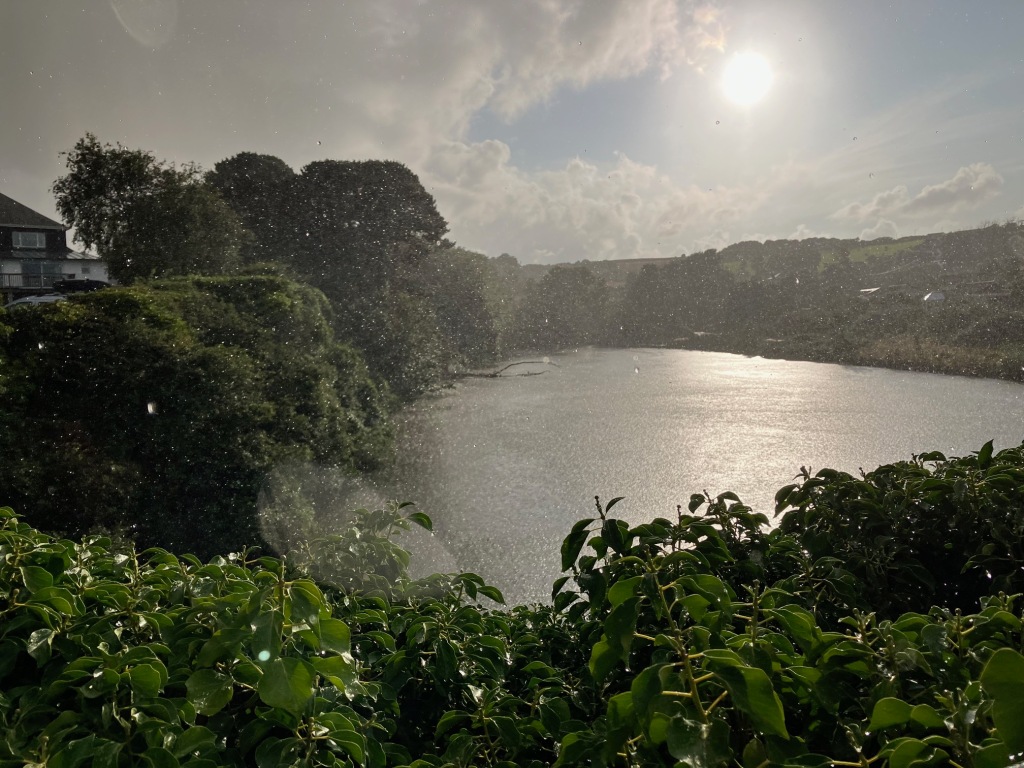 Image showing a large pond with the sun shining above it and heavy rain falling across the photograph. Green trees and shrubs surround all sides of the pond. 