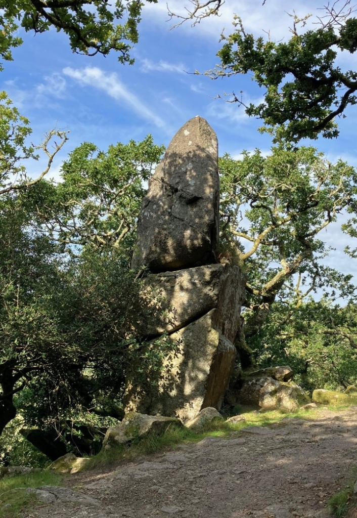 A large pointed rock in front of tall trees by a footpath on a sunny day